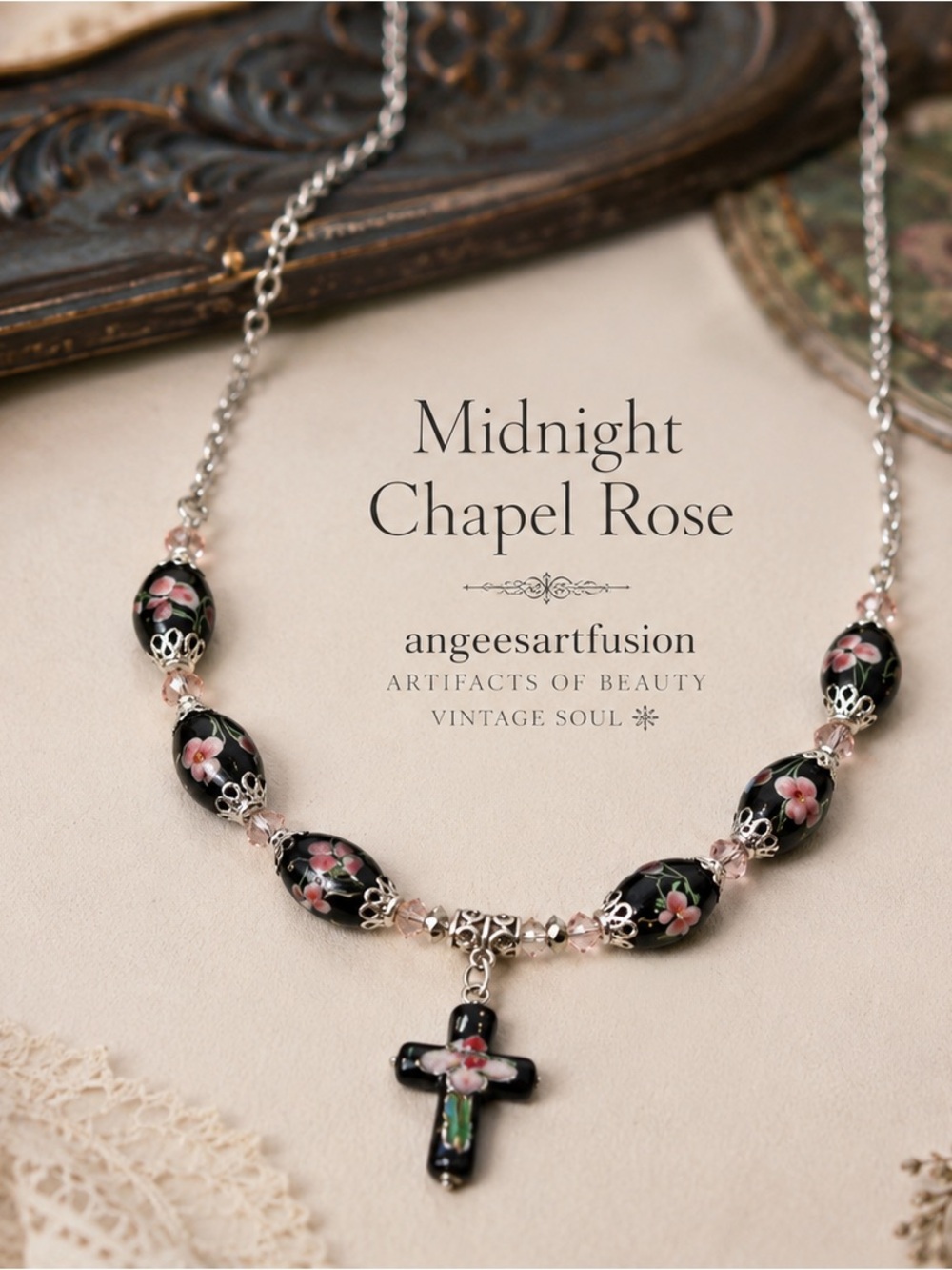 Floral Glass and Cloisonné Cross Necklace 26”